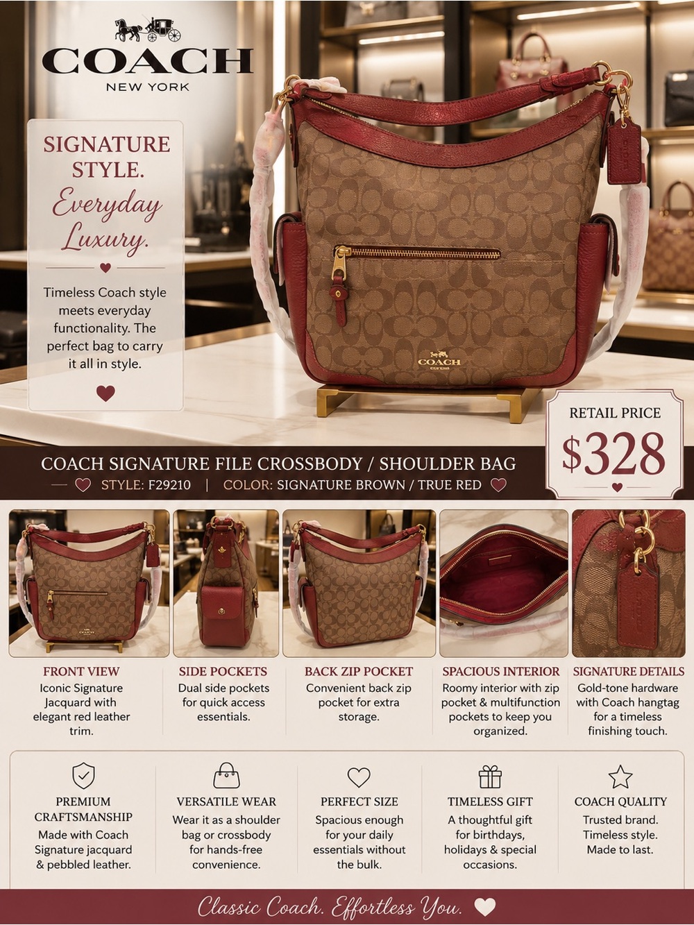 Coach Signature Crossbody Bag in Signature Brown canvas beige trim NWT